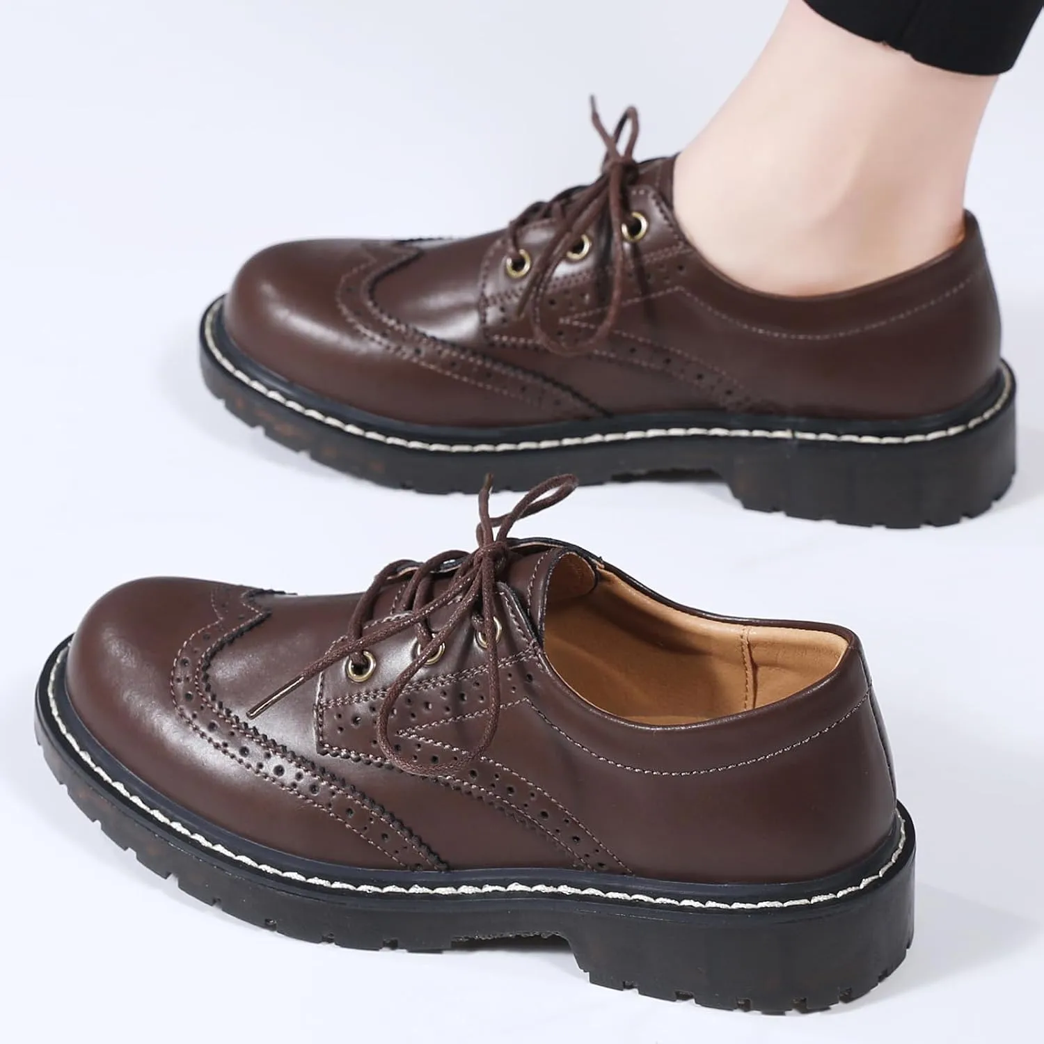 XMM Oxford Shoes for Women Women's Oxford Shoe Lace-Up Round Toe Leather Flat Classic Non-Slip Work Business Dress Office Shoes