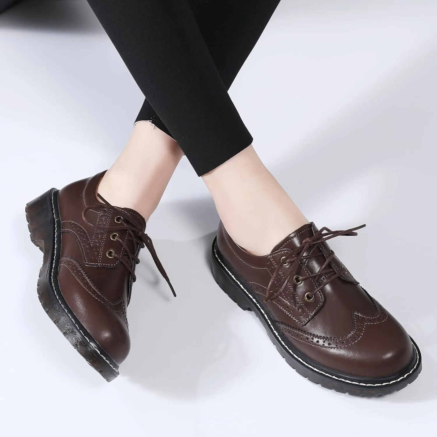 XMM Oxford Shoes for Women Women's Oxford Shoe Lace-Up Round Toe Leather Flat Classic Non-Slip Work Business Dress Office Shoes