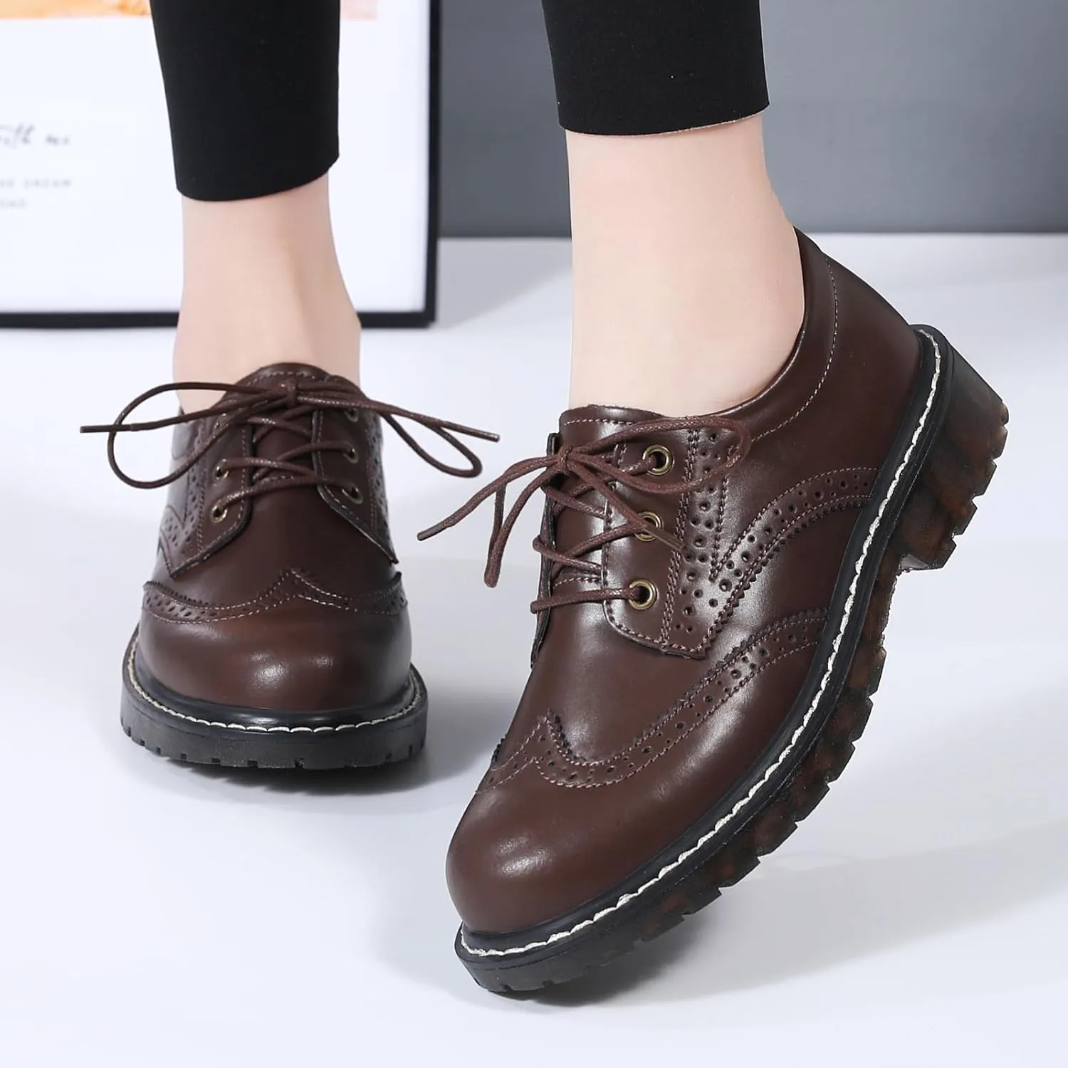 XMM Oxford Shoes for Women Women's Oxford Shoe Lace-Up Round Toe Leather Flat Classic Non-Slip Work Business Dress Office Shoes