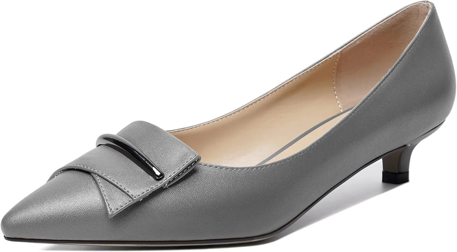 YODEKS Women Low Kitten Heel Pumps Pointed Toe Slip On 1.5 Inch Closed Toe Buckle Bow Comfort Shoes for Wedding Office Evening