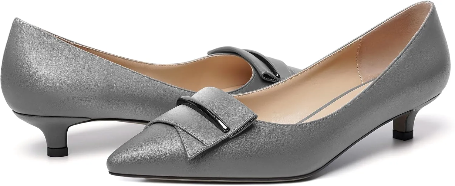 YODEKS Women Low Kitten Heel Pumps Pointed Toe Slip On 1.5 Inch Closed Toe Buckle Bow Comfort Shoes for Wedding Office Evening
