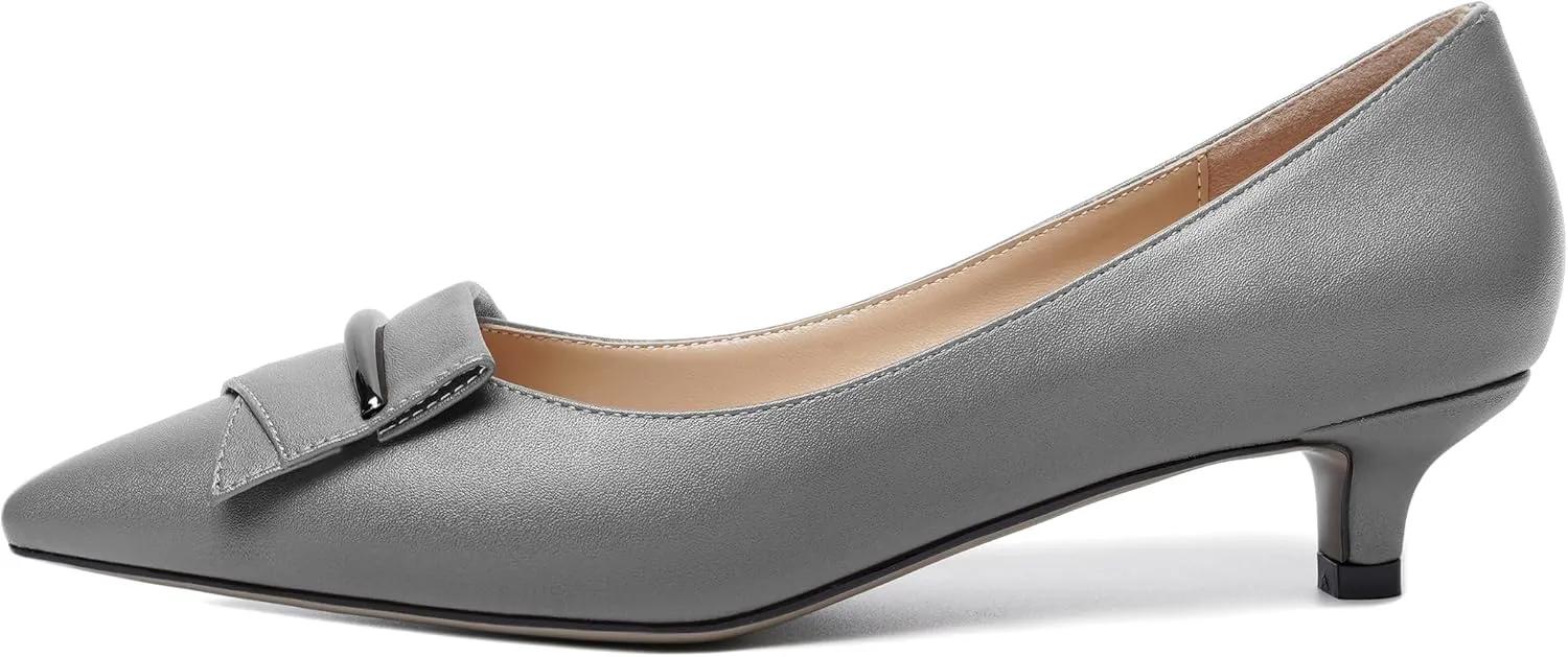 YODEKS Women Low Kitten Heel Pumps Pointed Toe Slip On 1.5 Inch Closed Toe Buckle Bow Comfort Shoes for Wedding Office Evening