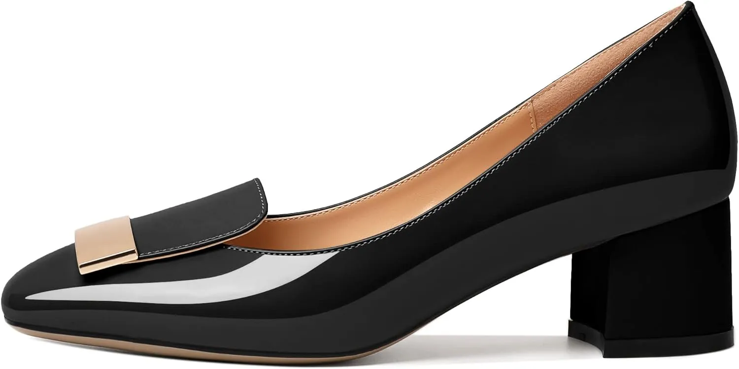 YODEKS Women's Low Block Heels Pumps Square Toe Chunky Heels Slip On 2 Inch Closed Toe Dressy Shoes