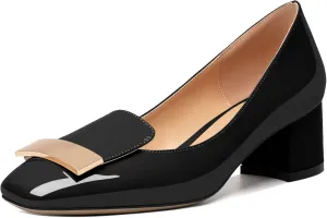 YODEKS Women's Low Block Heels Pumps Square Toe Chunky Heels Slip On 2 Inch Closed Toe Dressy Shoes