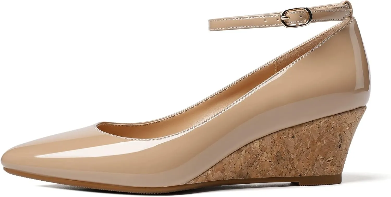 YODEKS Women's Wedge Pump Mid Heel Mary Jane Pointed Toe Shoes with Ankle Strap for Evening Party Dress Casual