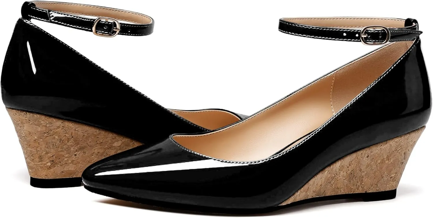 YODEKS Women's Wedge Pump Mid Heel Mary Jane Pointed Toe Shoes with Ankle Strap for Evening Party Dress Casual
