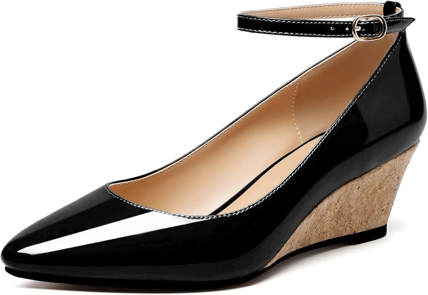 YODEKS Women's Wedge Pump Mid Heel Mary Jane Pointed Toe Shoes with Ankle Strap for Evening Party Dress Casual