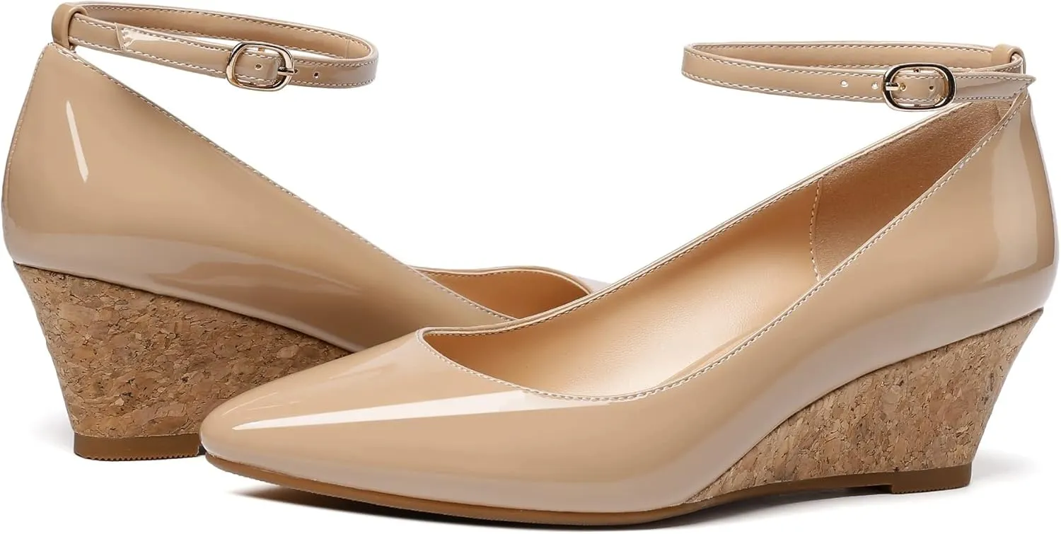 YODEKS Women's Wedge Pump Mid Heel Mary Jane Pointed Toe Shoes with Ankle Strap for Evening Party Dress Casual