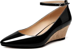 YODEKS Women's Wedge Pump Mid Heel Mary Jane Pointed Toe Shoes with Ankle Strap for Evening Party Dress Casual