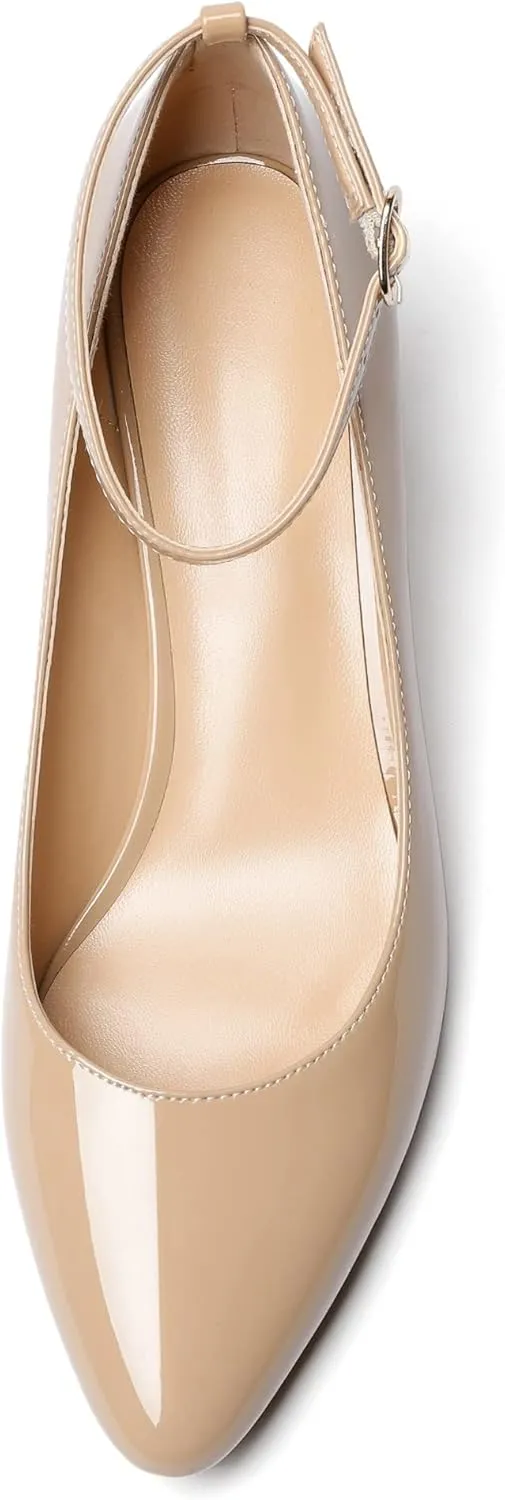 YODEKS Women's Wedge Pump Mid Heel Mary Jane Pointed Toe Shoes with Ankle Strap for Evening Party Dress Casual