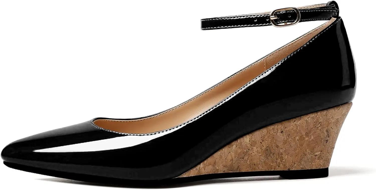 YODEKS Women's Wedge Pump Mid Heel Mary Jane Pointed Toe Shoes with Ankle Strap for Evening Party Dress Casual