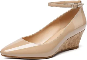 YODEKS Women's Wedge Pump Mid Heel Mary Jane Pointed Toe Shoes with Ankle Strap for Evening Party Dress Casual