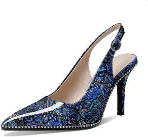 Zamikoo Women Beaded Pumps High Heel Slingback Pointed Toe Slip On 3.5 Inch Stilettos Ankle Strap Adjustable Buckle Patent Leather US Size 5 -Size 13