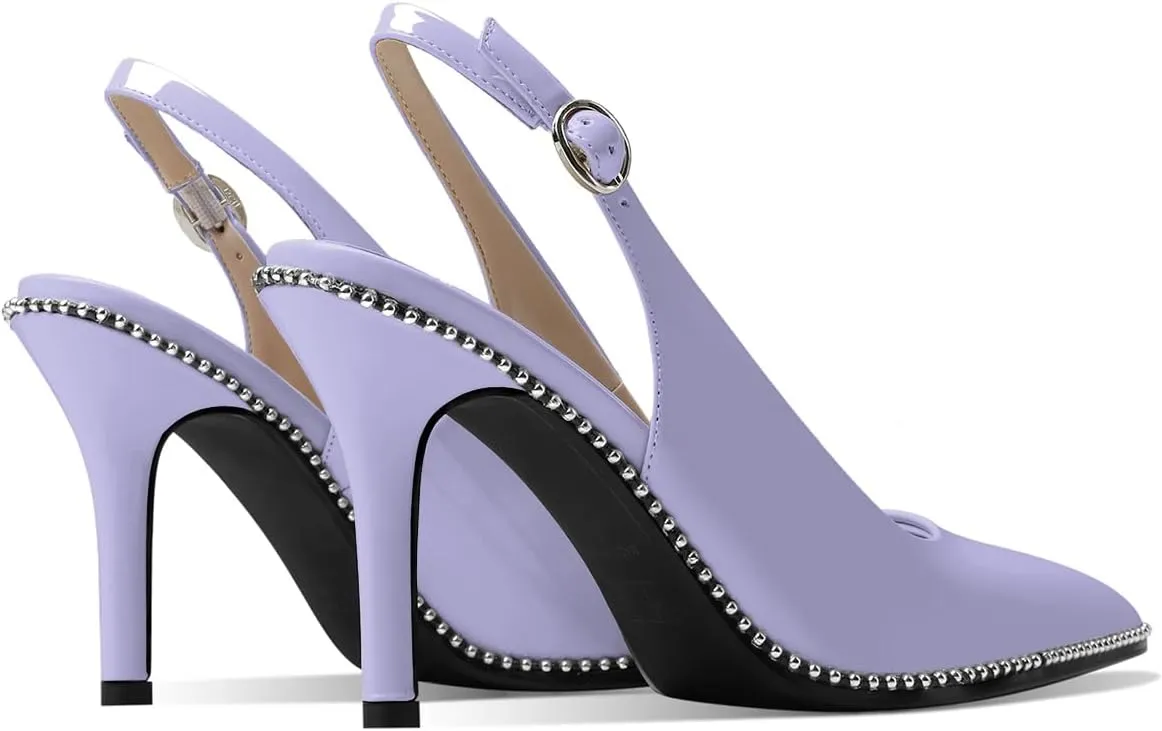 Zamikoo Women Beaded Pumps High Heel Slingback Pointed Toe Slip On 3.5 Inch Stilettos Ankle Strap Adjustable Buckle Patent Leather US Size 5 -Size 13