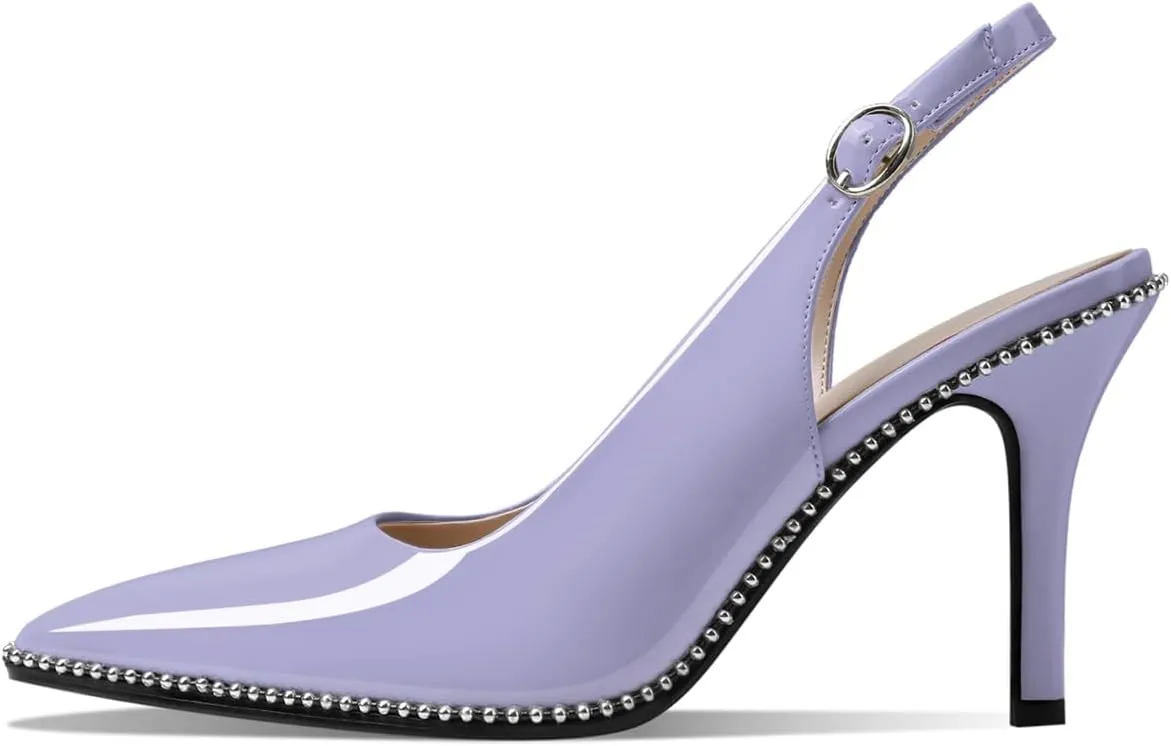 Zamikoo Women Beaded Pumps High Heel Slingback Pointed Toe Slip On 3.5 Inch Stilettos Ankle Strap Adjustable Buckle Patent Leather US Size 5 -Size 13