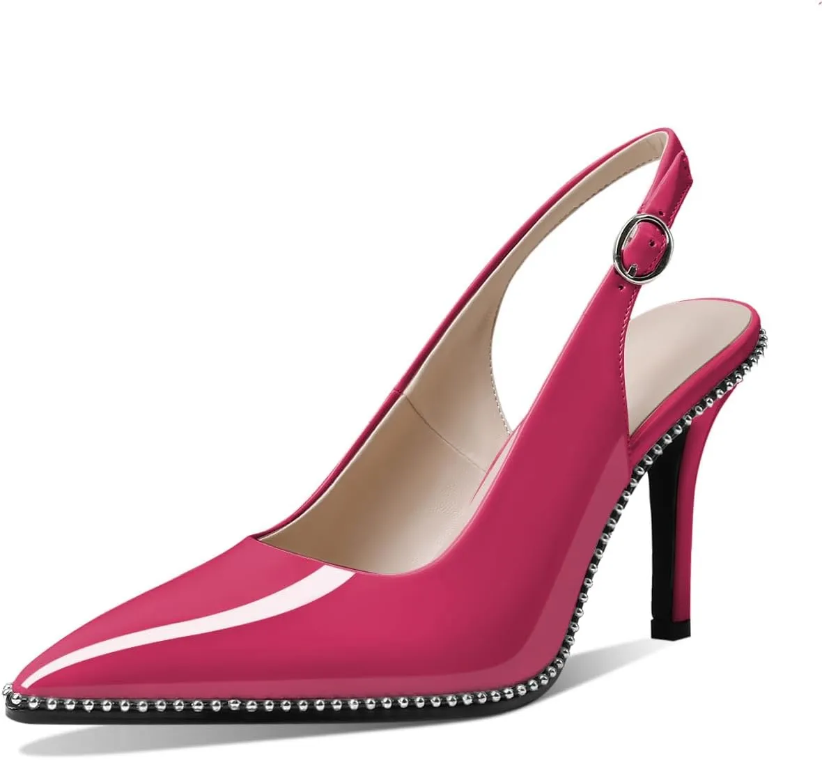 Zamikoo Women Beaded Pumps High Heel Slingback Pointed Toe Slip On 3.5 Inch Stilettos Ankle Strap Adjustable Buckle Patent Leather US Size 5 -Size 13