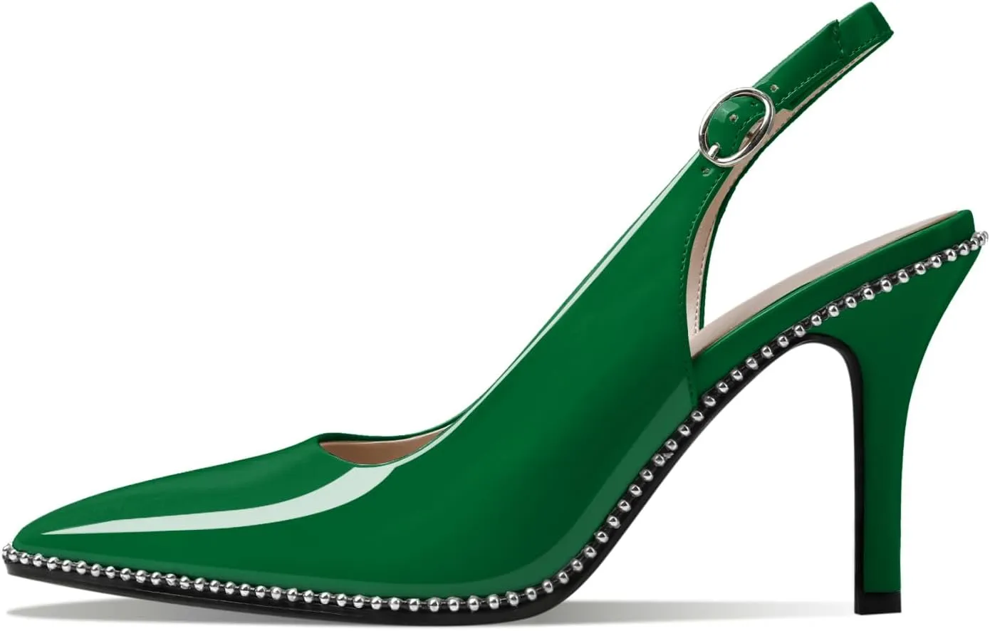 Zamikoo Women Beaded Pumps High Heel Slingback Pointed Toe Slip On 3.5 Inch Stilettos Ankle Strap Adjustable Buckle Patent Leather US Size 5 -Size 13