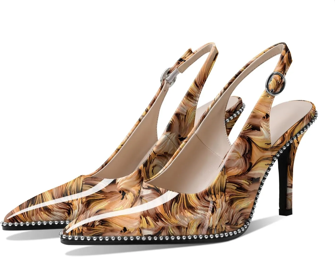 Zamikoo Women Beaded Pumps High Heel Slingback Pointed Toe Slip On 3.5 Inch Stilettos Ankle Strap Adjustable Buckle Patent Leather US Size 5 -Size 13