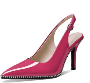 Zamikoo Women Beaded Pumps High Heel Slingback Pointed Toe Slip On 3.5 Inch Stilettos Ankle Strap Adjustable Buckle Patent Leather US Size 5 -Size 13