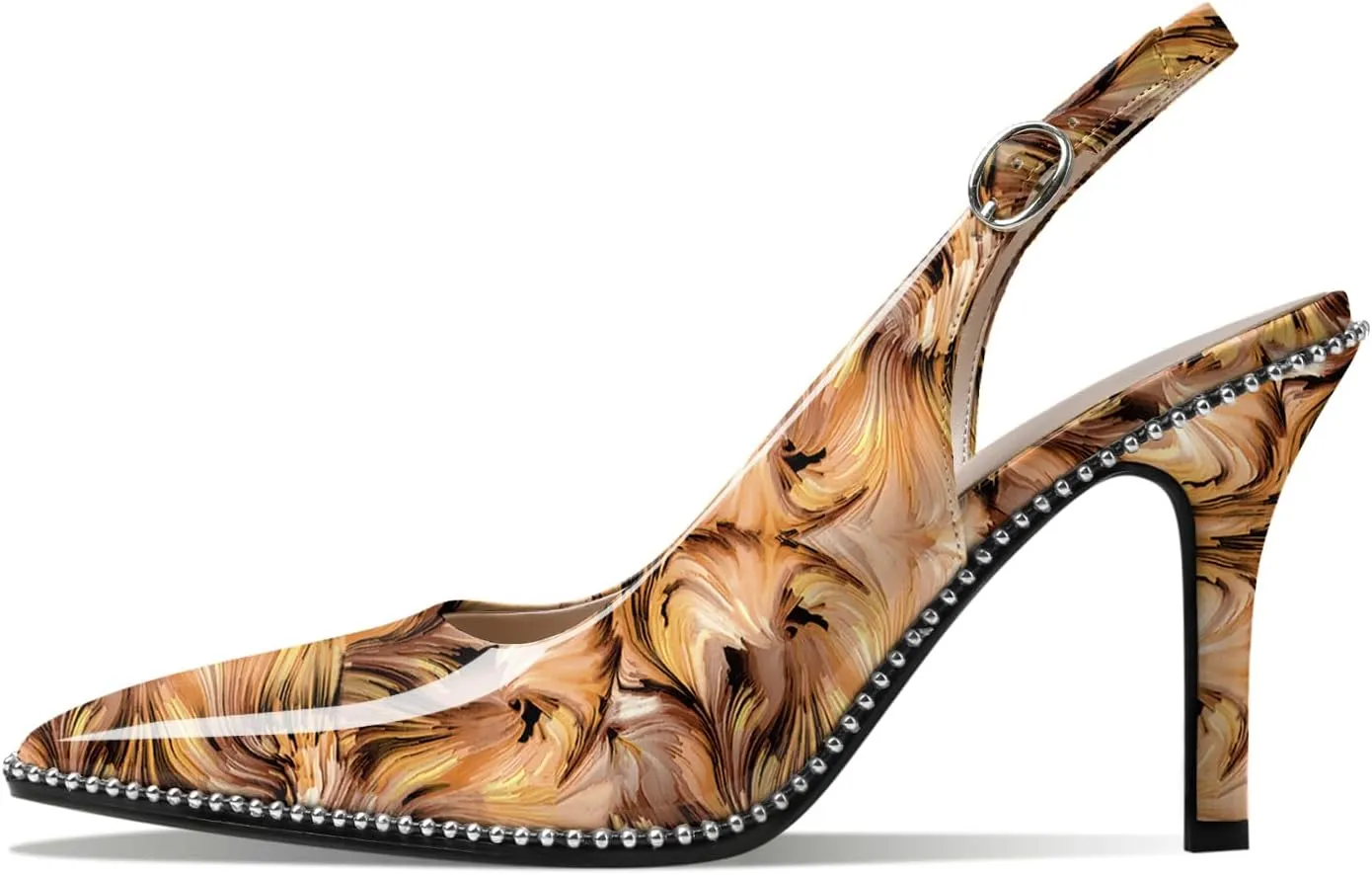 Zamikoo Women Beaded Pumps High Heel Slingback Pointed Toe Slip On 3.5 Inch Stilettos Ankle Strap Adjustable Buckle Patent Leather US Size 5 -Size 13