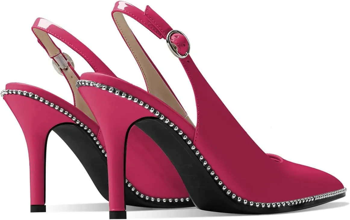 Zamikoo Women Beaded Pumps High Heel Slingback Pointed Toe Slip On 3.5 Inch Stilettos Ankle Strap Adjustable Buckle Patent Leather US Size 5 -Size 13