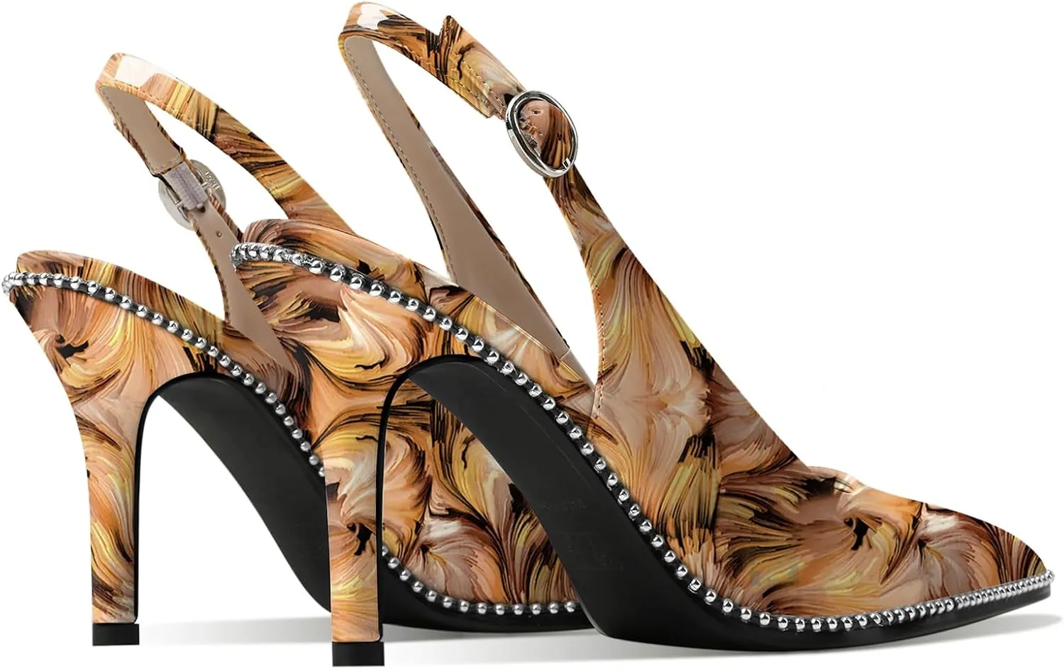 Zamikoo Women Beaded Pumps High Heel Slingback Pointed Toe Slip On 3.5 Inch Stilettos Ankle Strap Adjustable Buckle Patent Leather US Size 5 -Size 13