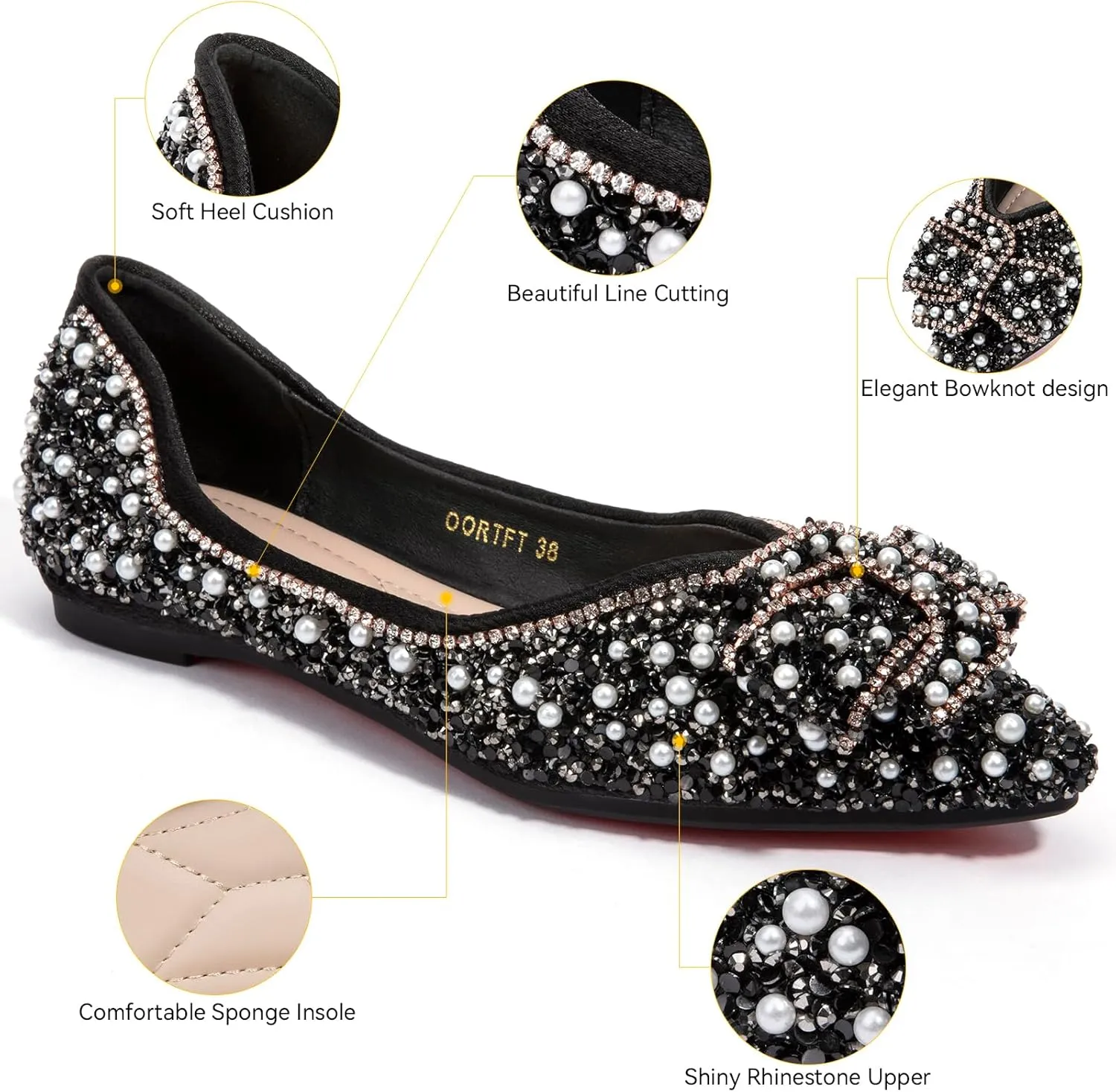 Zelaprox Women's Flats Shoes Rhinestone Pointed Toe Comfort Dressy Flat Silver Bowknot Casual Ballet Shoes