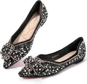 Zelaprox Women's Flats Shoes Rhinestone Pointed Toe Comfort Dressy Flat Silver Bowknot Casual Ballet Shoes