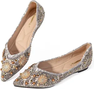 Zelaprox Women's Flats Shoes Rhinestone Pointed Toe Comfort Dressy Flat Silver Bowknot Casual Ballet Shoes