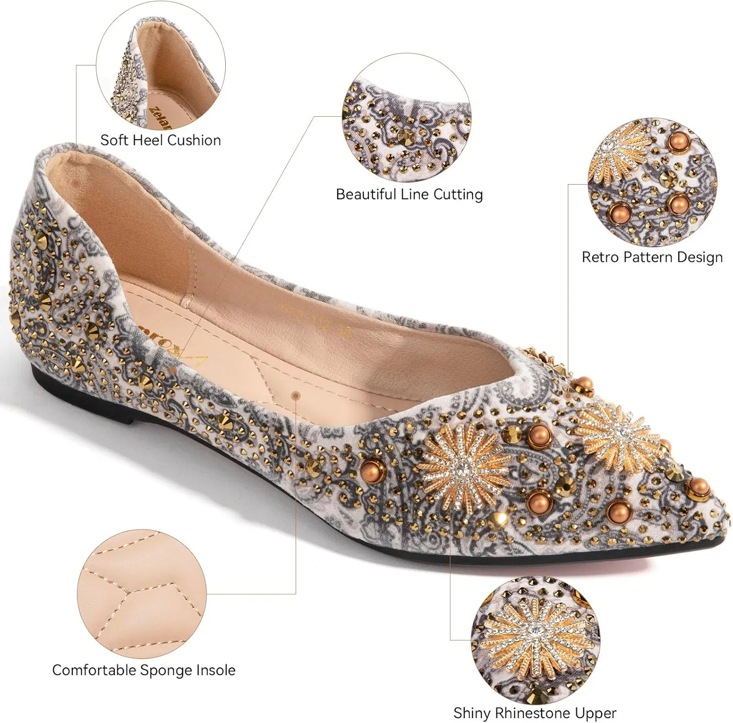 Zelaprox Women's Flats Shoes Rhinestone Pointed Toe Comfort Dressy Flat Silver Bowknot Casual Ballet Shoes