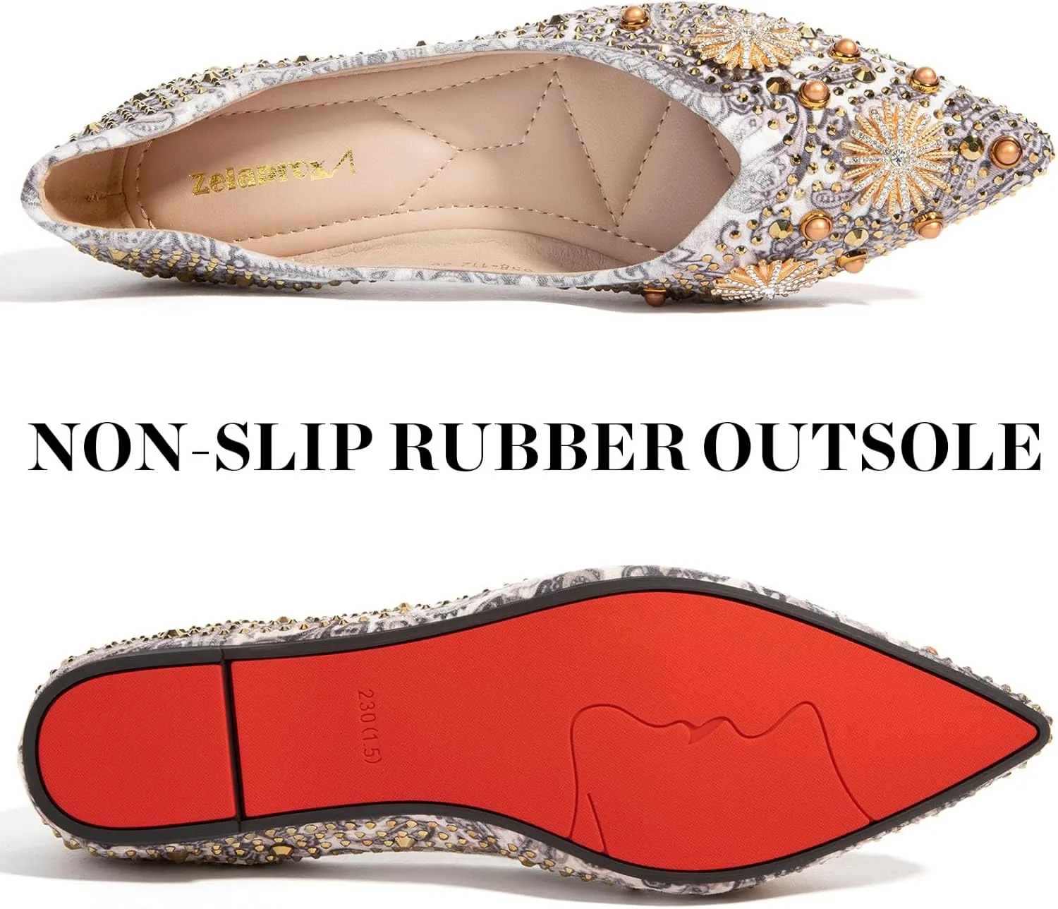 Zelaprox Women's Flats Shoes Rhinestone Pointed Toe Comfort Dressy Flat Silver Bowknot Casual Ballet Shoes