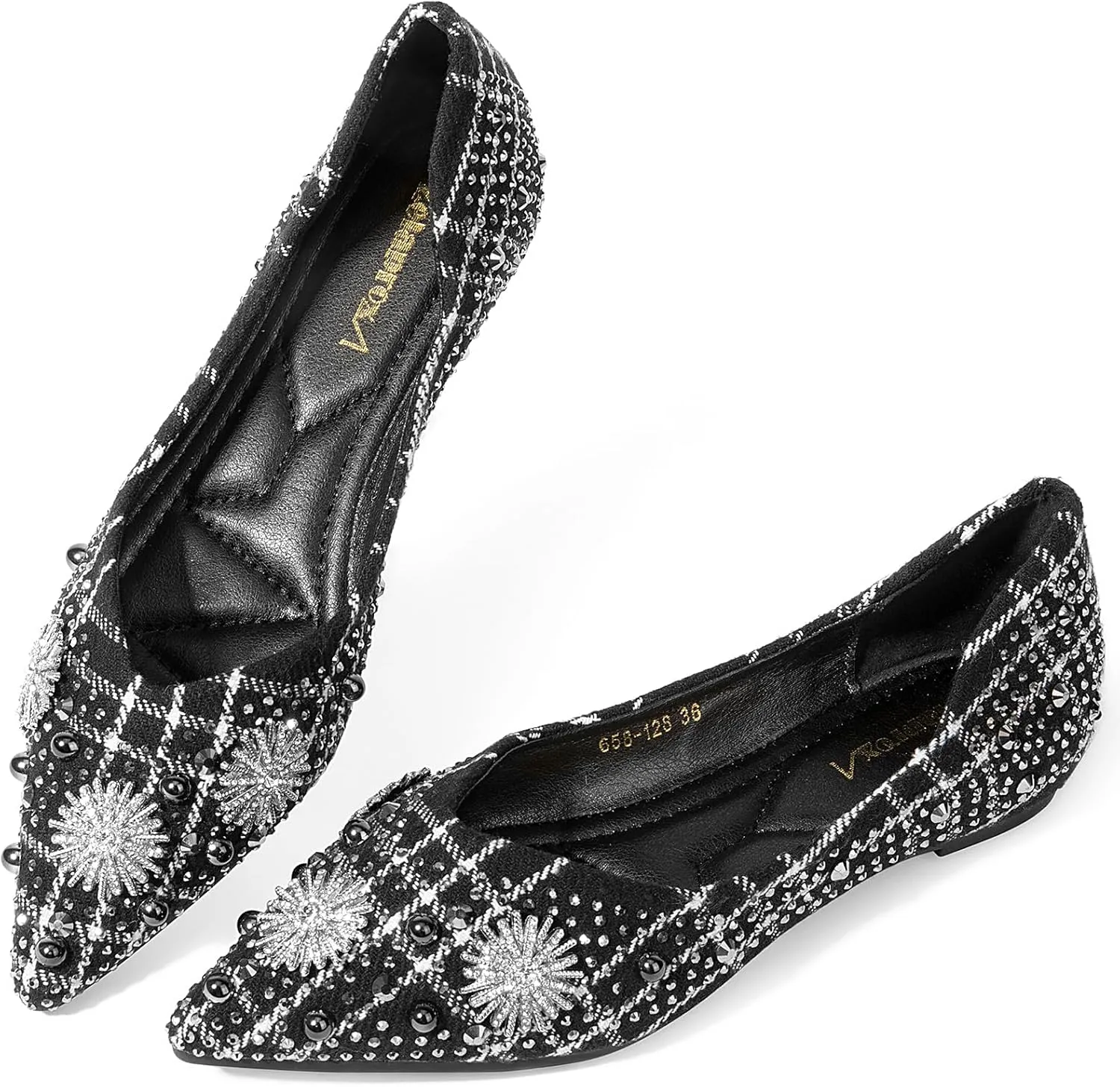 Zelaprox Women's Flats Shoes Rhinestone Pointed Toe Comfort Dressy Flat Silver Bowknot Casual Ballet Shoes