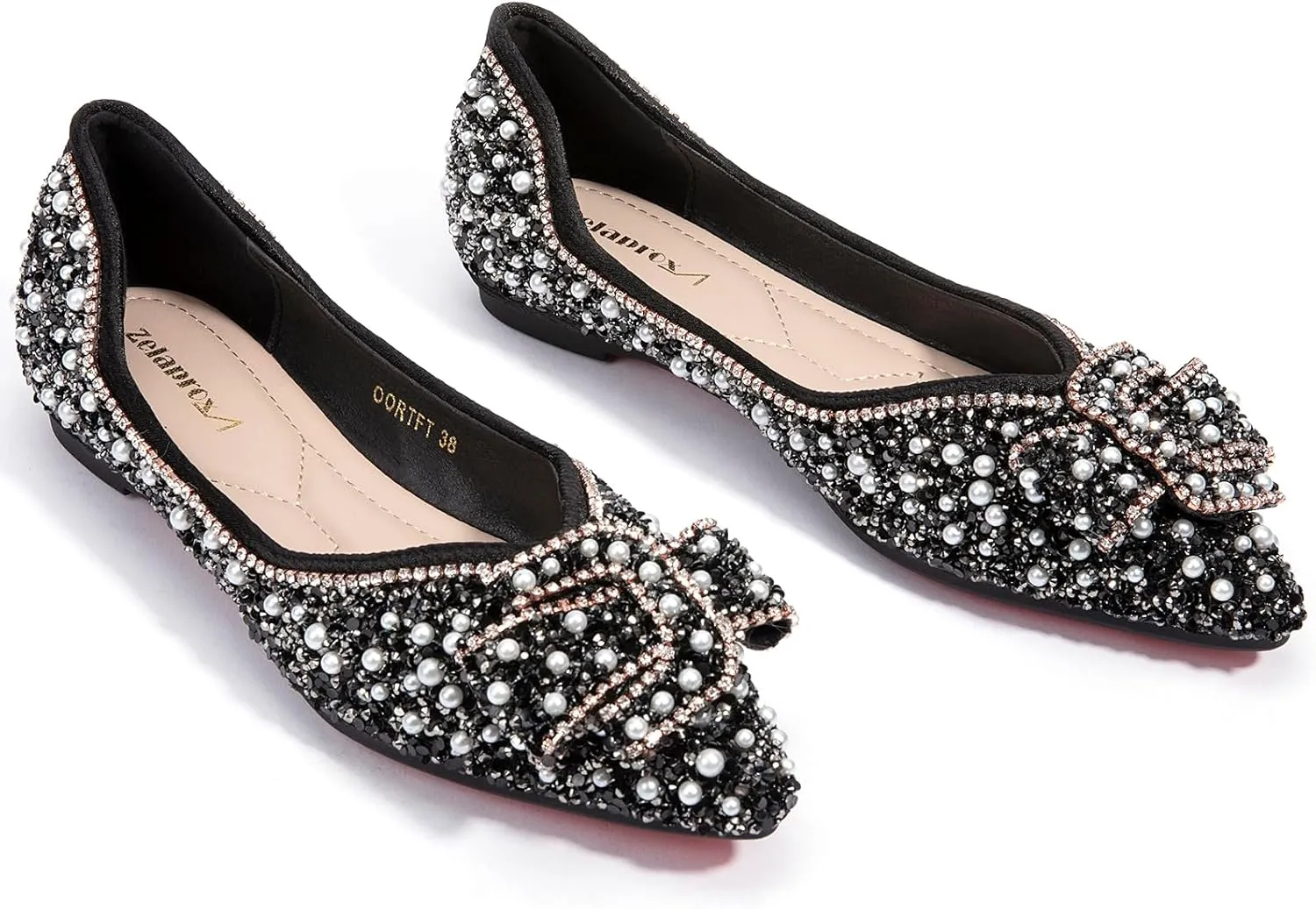 Zelaprox Women's Flats Shoes Rhinestone Pointed Toe Comfort Dressy Flat Silver Bowknot Casual Ballet Shoes