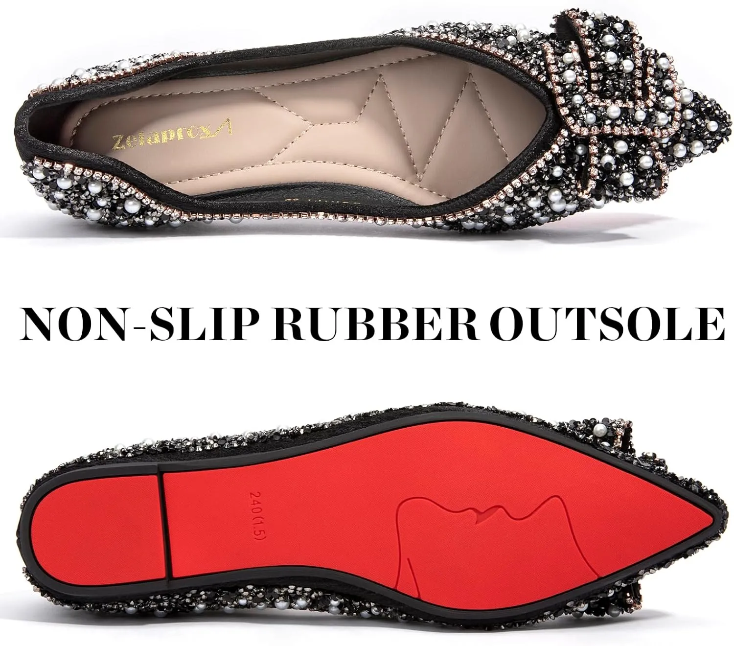 Zelaprox Women's Flats Shoes Rhinestone Pointed Toe Comfort Dressy Flat Silver Bowknot Casual Ballet Shoes