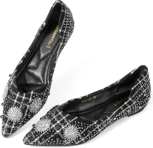 Zelaprox Women's Flats Shoes Rhinestone Pointed Toe Comfort Dressy Flat Silver Bowknot Casual Ballet Shoes