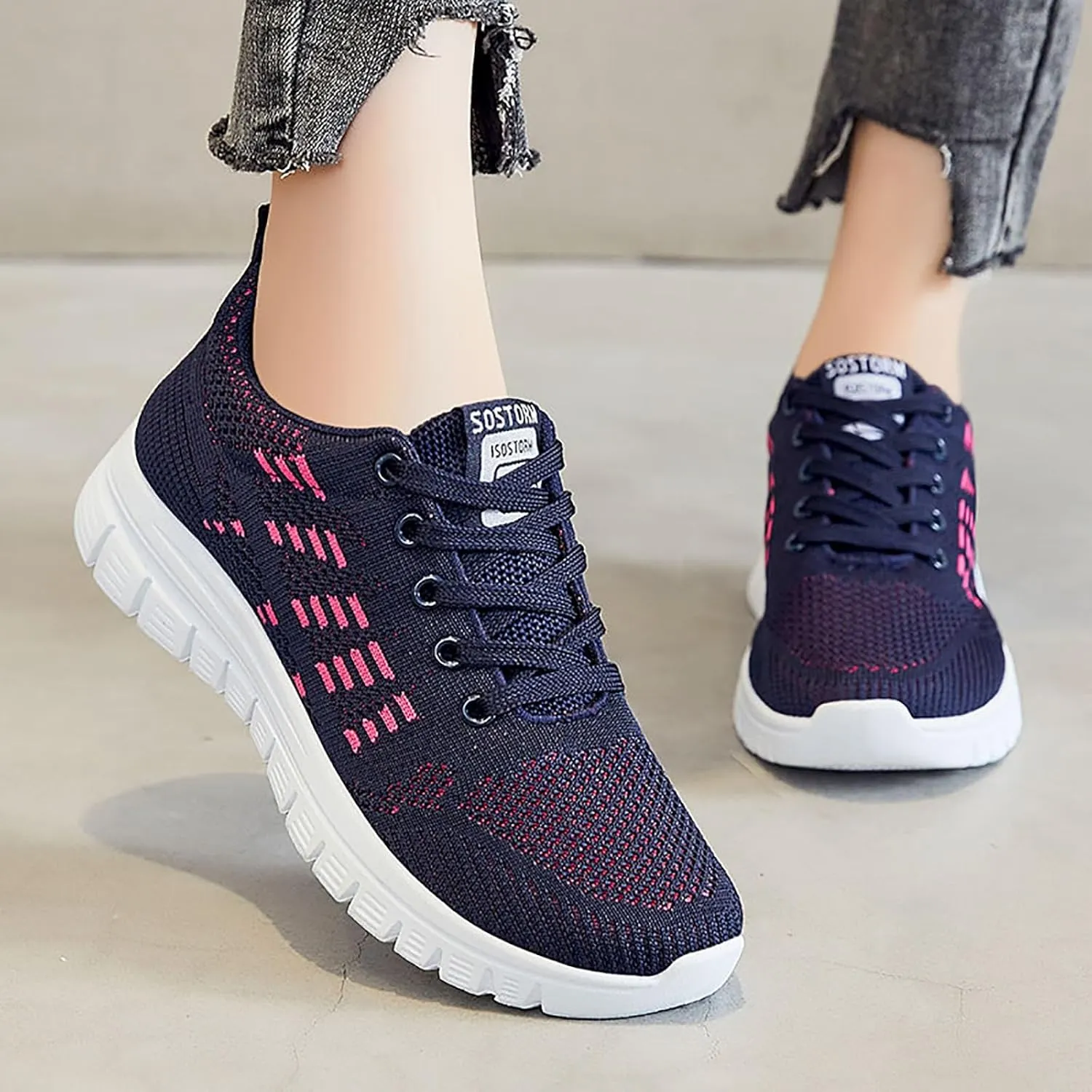 ZSpzx Summer Walking Shoes for Women Mesh Knit Breathable Running Sneakers Comfy Lightweight Non Slip Air Cushioned Daily Wear Arch Support Shoe Fashionable Mesh Ladies Casual Platform Footwear